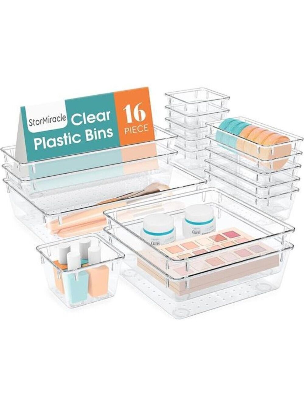 Clear Drawer Organizer Set 16 PCS Storage Bins for Makeup Jewelry Utensils